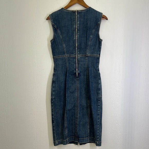 WHBM - Denim Silver Hardware Sleeveless Pocket Zip Up Midi Sheath Dress Size 4 - Picture 12 of 13